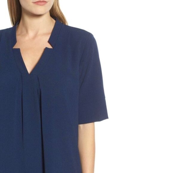 Bobeau Pleat Front Curved Hem Shirtdress In Navy - Picture 2 of 11